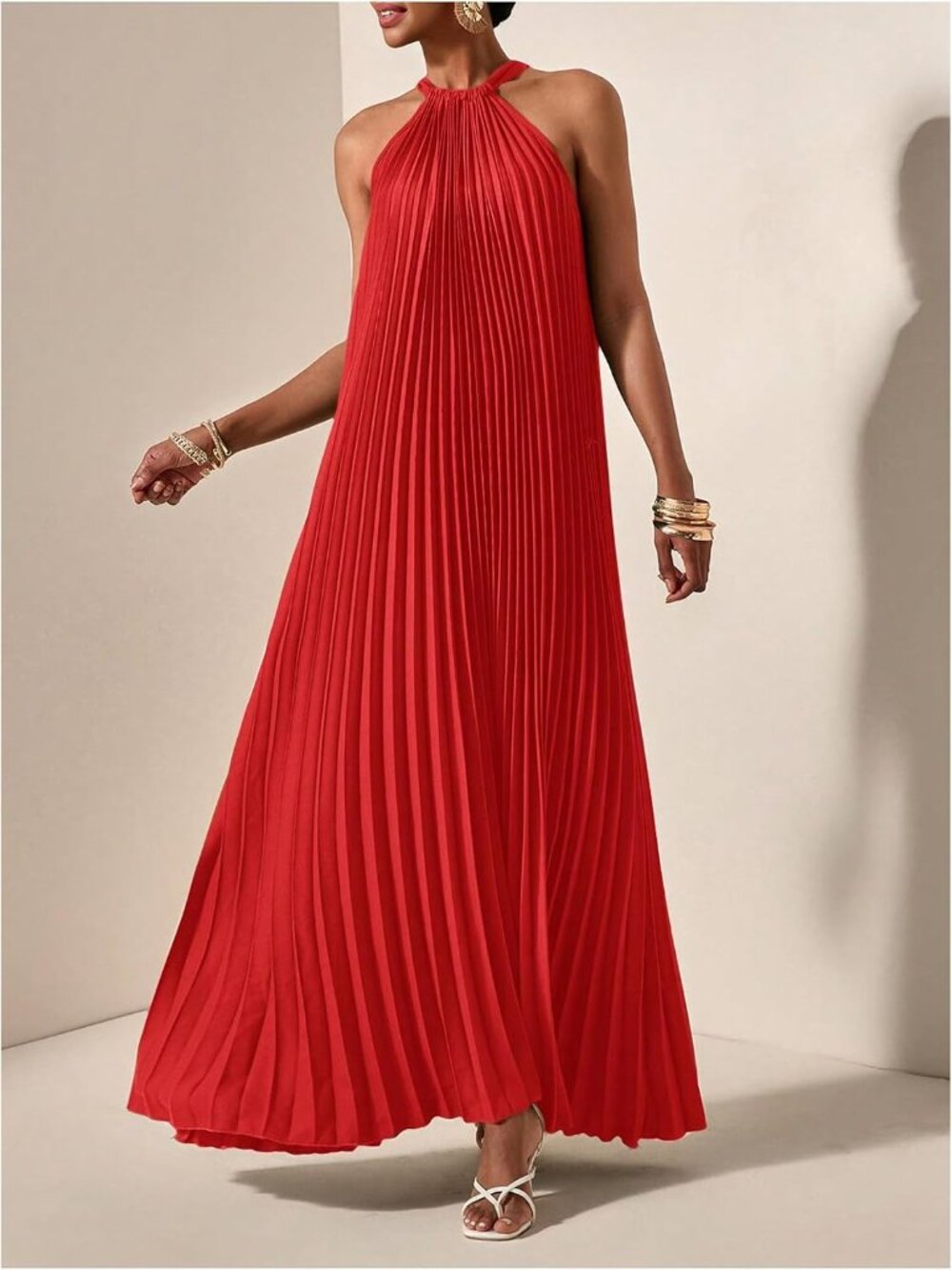 〽️Red Halter Maxi Dress Women's Pleated Flowy A Line Summer Wedding Guest Dress - Picture 5 of 5